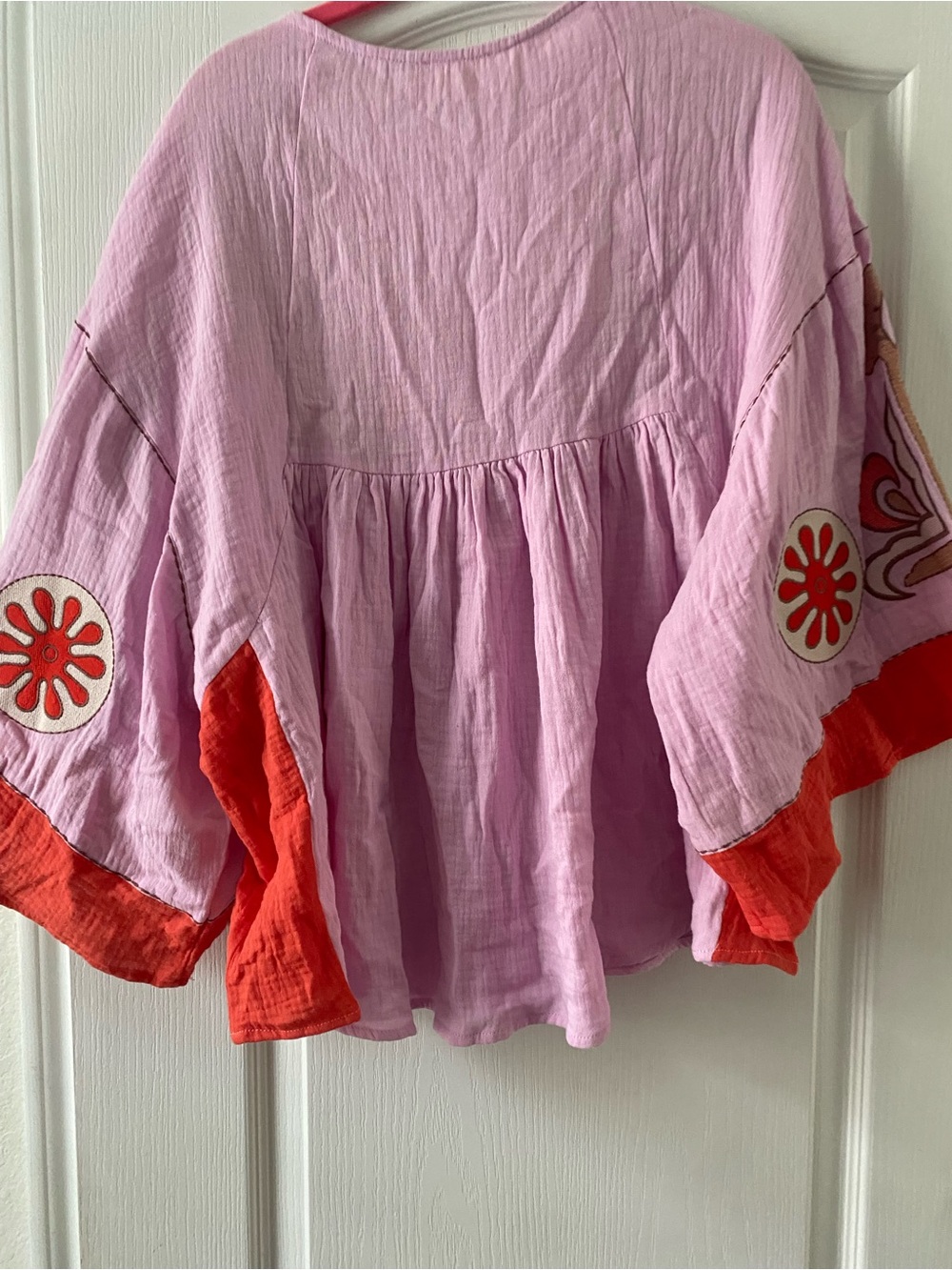 Easel Boho Embroidered V-Neck Cotton Gauze Peasant Babydoll Tunic Pink Top  M - Picture 9 of 12